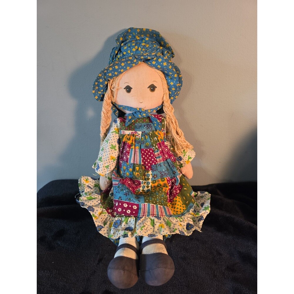 Vtg Holly Hobbie Knickerbocker Doll Blonde Braids Patchwork Dress Blue Bonnet